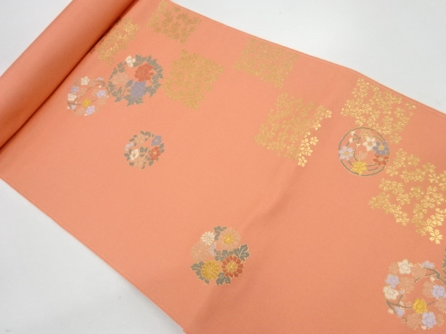 JAPANESE KIMONO / ANTIQUE BOLT FOR NAGOYA OBI / WOVEN FLOWER ROUNDEL